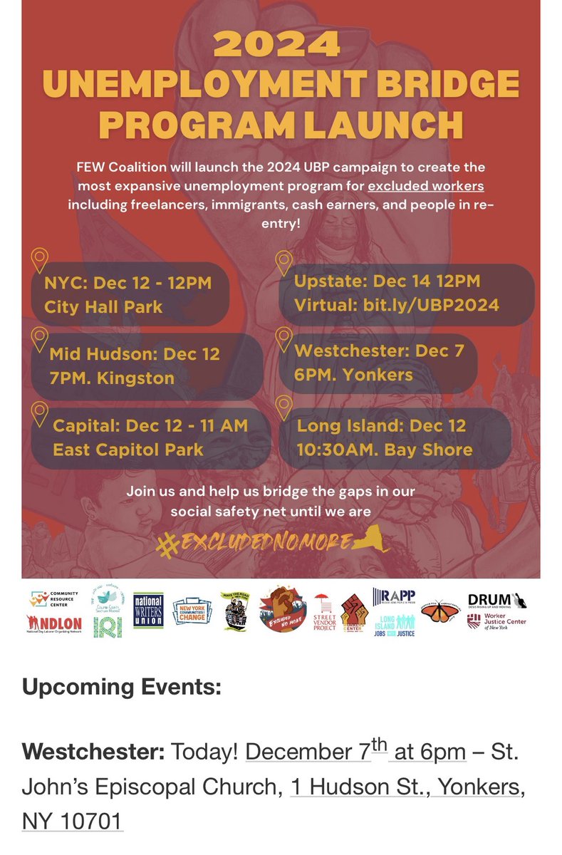 westputwfp's tweet photo. Rally today in Yonkers for passage of the Unemployment Bridge Program in 2024 so that freelance workers, cash earners, immigrants without work authorization, and individuals in re-entry can access unemployment compensation when falling on hard times. #FundExcludedWorkers https://t.co/KIM4A7gsqg