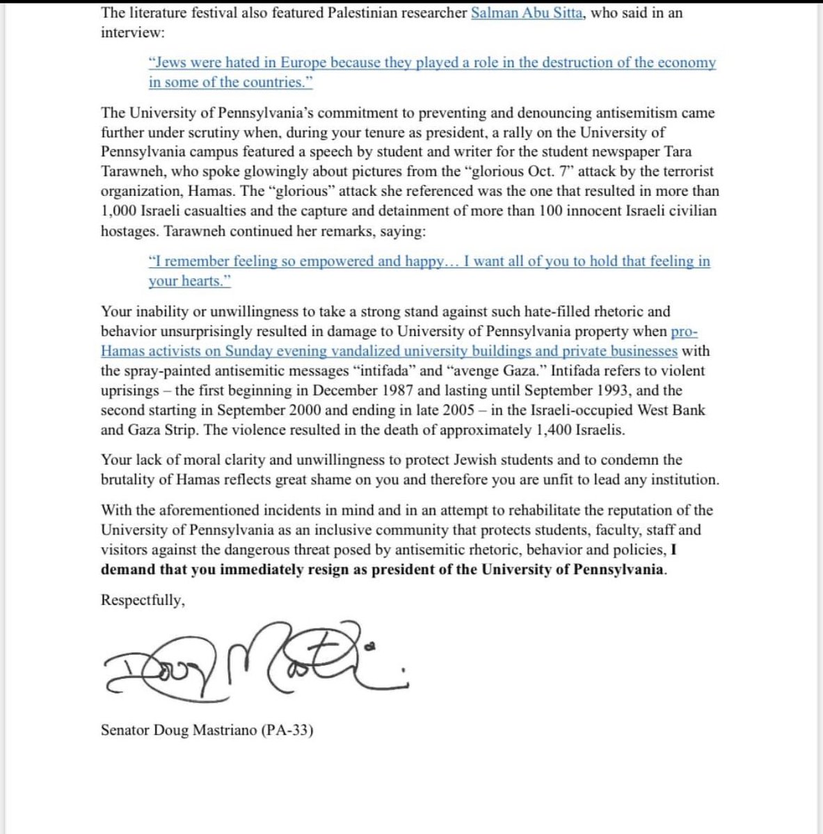 dougmastriano's tweet photo. I am demanding the immediate resignation of UPenn President Elizabeth Magill. Her tolerance of antisemitism on campus is abhorrent https://t.co/OwtsML9vzj