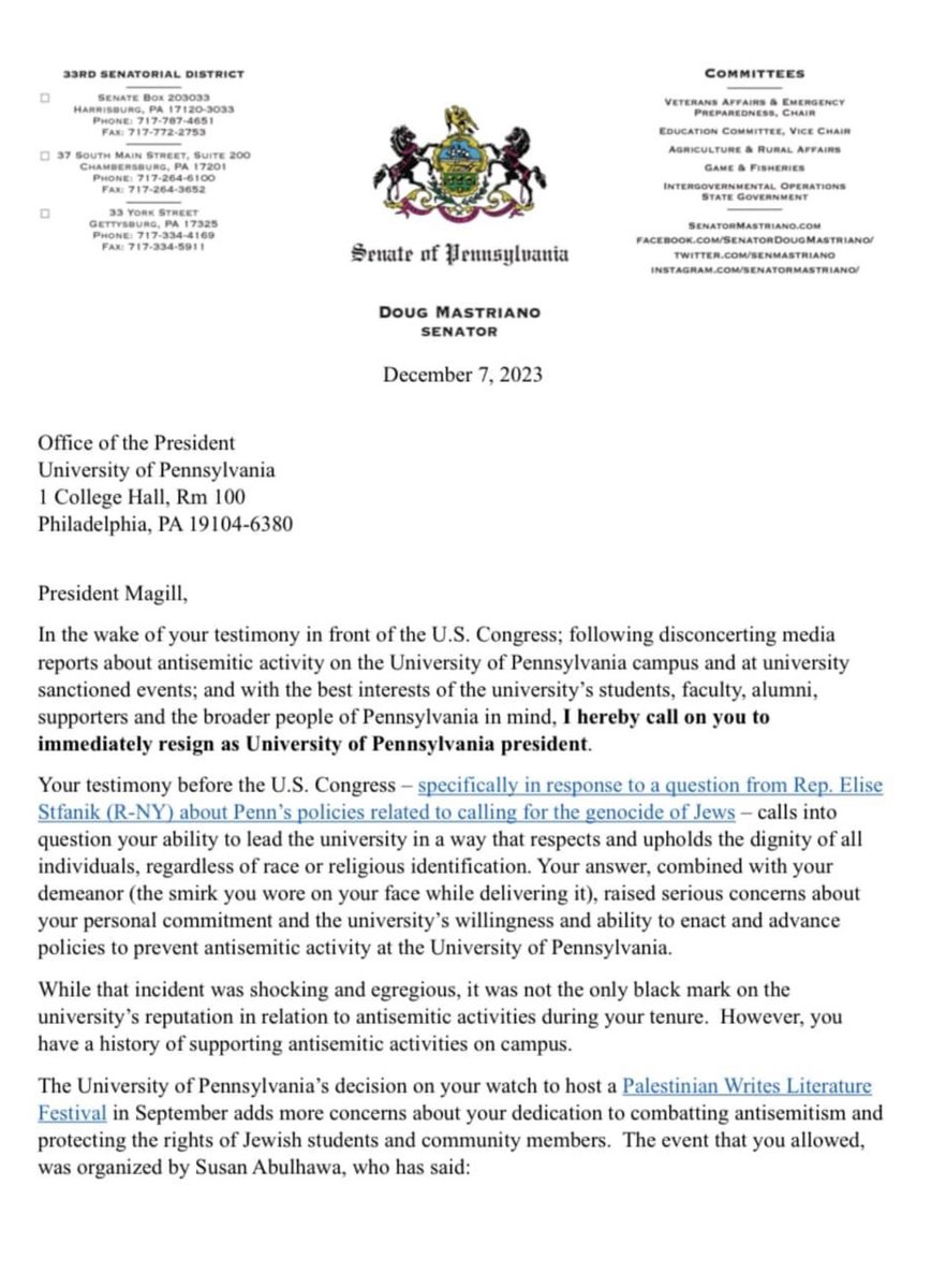 dougmastriano's tweet photo. I am demanding the immediate resignation of UPenn President Elizabeth Magill. Her tolerance of antisemitism on campus is abhorrent https://t.co/OwtsML9vzj