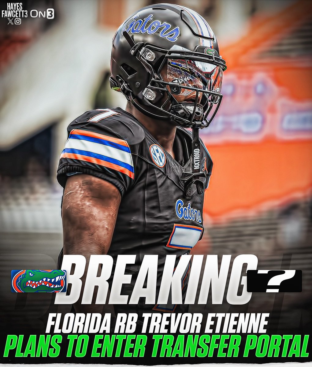 Hayesfawcett3's tweet photo. BREAKING: Florida RB Trevor Etienne plans to enter the Transfer Portal, he tells @on3

The 5’9 205 RB was the Team Leader in rushing TDs (8), yards per carry, & yards per game. 

Played in 24 games in his 2 years with the Gators. Will have 2 years of eligibility remaining 

https://t.co/MDBV6AXQXF