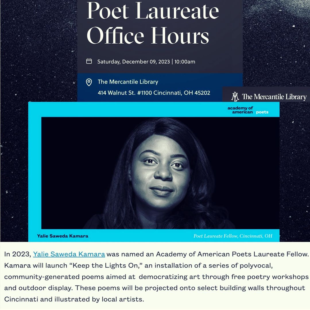 Decembers’s Poet Laureate Office Hours will take place 12/9 (10 AM-2 PM) + WILL BE THE LAST THIS YEAR! It'll mark the 3rd session of my @poetsorg sponsored project, 'Keep the Lights On.' Come to the @mercantilelib for a morning/afternoon of food, convo+ and poetry. See you soon!