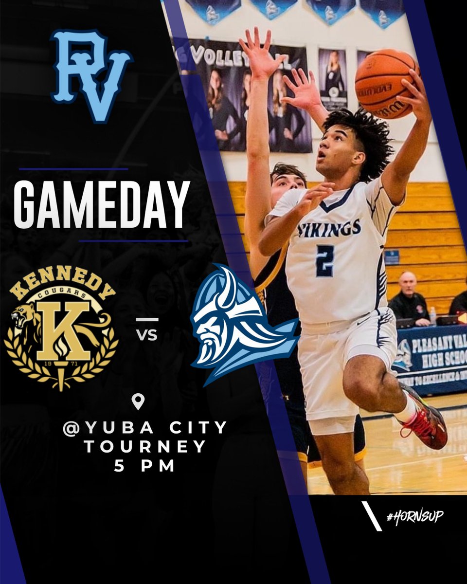 Pleasant Valley Boys Basketball (3-1) takes on Kennedy High (4-2) of Sacramento in the Mel Good Tournament in Yuba City today at 5 p.m. Play hard, play smart, play together Vikes, LET'S GO! #hornsup
