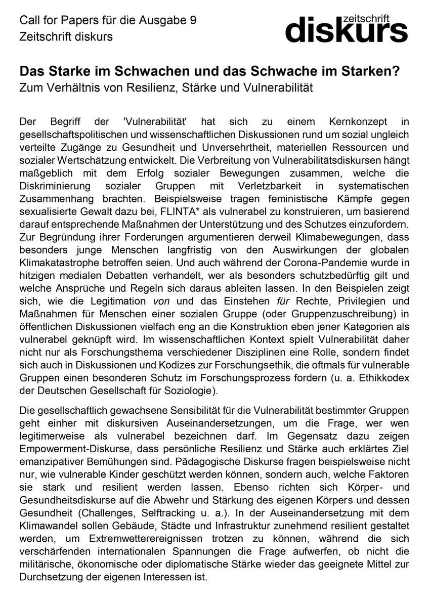 diskursjournal's tweet photo. Neuer #CfP #CallForPapers für Ausgabe 9 "Das Starke im Schwachen und das Schwache im Starken?" 
https://t.co/o6IRMRraMl https://t.co/twJMiiWzG8