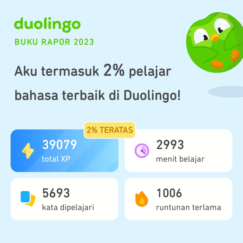 deeTanjuang's tweet photo. Lihat berapa banyak yang kupelajari di Duolingo selama 2023! Bagaimana denganmu? #Duolingo365 https://t.co/s9vIguI7F0