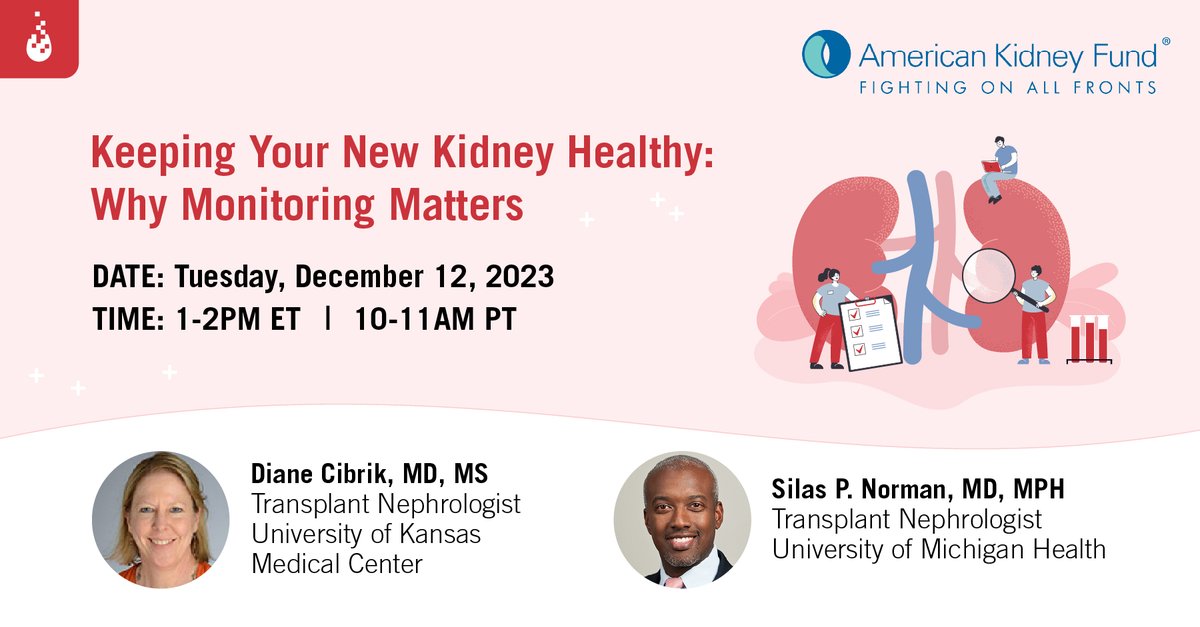 CareDx's tweet photo. Join CareDx and @KidneyFund on Tues., Dec. 12 to learn more about the importance of post-transplant testing for kidney tx recipients. Dr. Diane Cibrik and Dr. Silas Norman will share their insights &amp; expertise during this one-hour discussion. 
Sign-up👉 https://t.co/0jwjQ9q7ZY https://t.co/jGiuMNEHEv