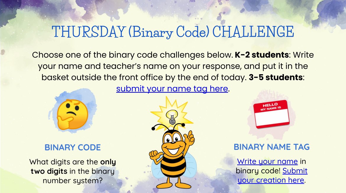 MCBernheart's tweet image. We have been having a blast with our daily challenge to celebrate #CSEdWeek @ShortPumpES! What do you know about binary code? @CSEdWeek #ImpactsofComputing #ESInnovate