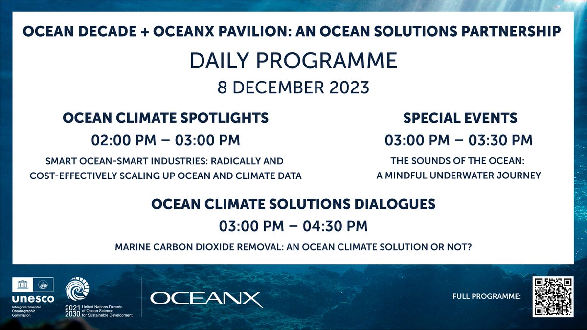 UNOceanDecade's tweet image. #FantasticFriday ahead at @COP28_UAE! ✨ 
#OceanDecade + @oceanx Pavilion hosts two insightful sessions on #carbon removal &amp;amp; data techniques, &amp;amp; an immersive film screening  on ocean sounds 🐋 See you there!
Check out more events: oceandecade.org/events/ocean-d… 
#COP28 #ClimateAction