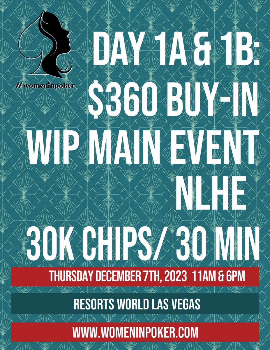 WomenInPoker's tweet photo. Good luck to the remaining women in the @WPT Ladies Championship! We'll be cheering you on! 
Today is DAY 1A at 11AM and DAY 1B at 6PM of the @WomenInPoker  $360 NLHE Championship - 30K Guarantee @ResortsWorldLV Come join us! https://t.co/ewpvi8e9Ra