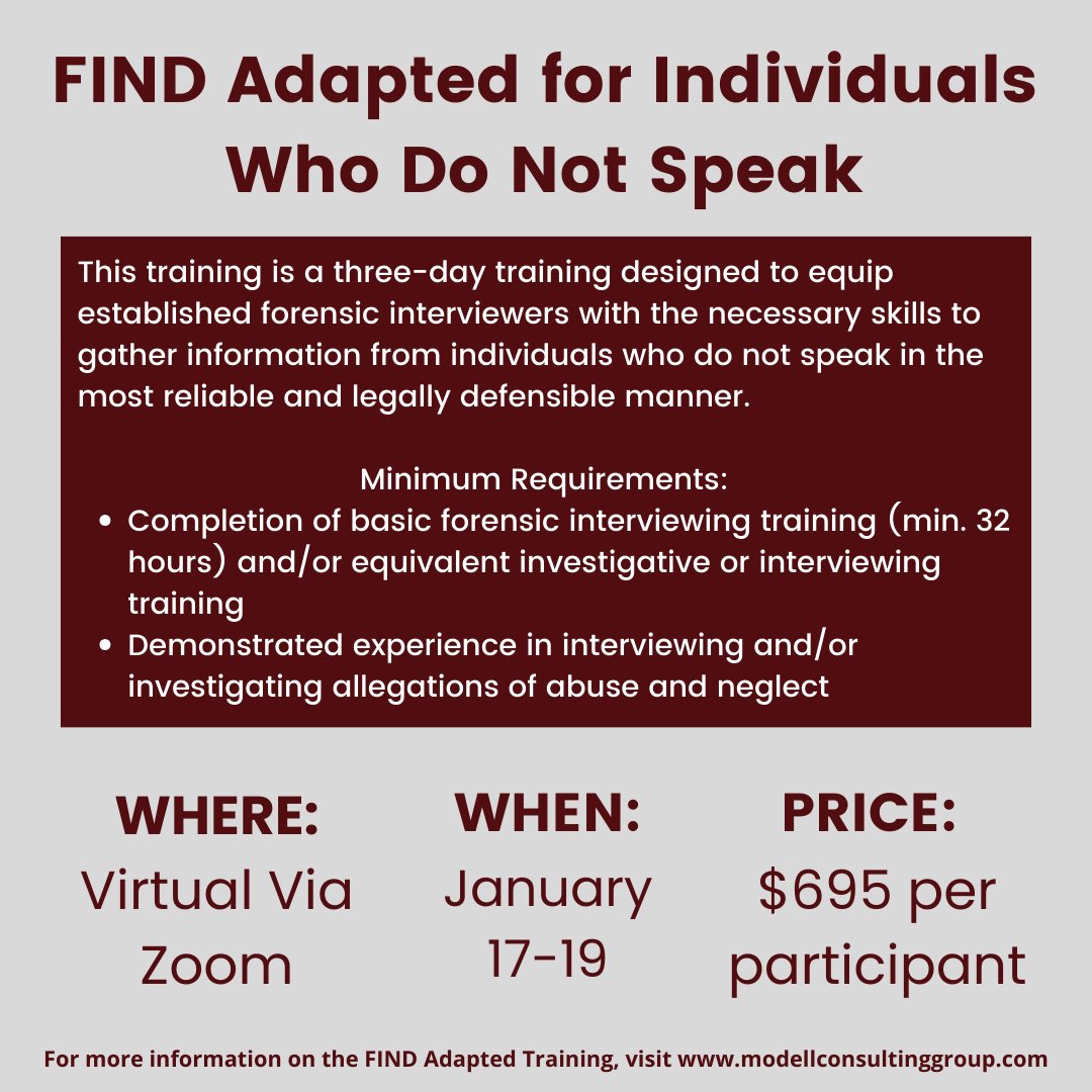 Modellconsult's tweet image. Less than two months left to sign up for the virtual FIND Adapted training January 17-19, 2024! To sign up for this training, click the link below. For more information, please visit modellconsultinggroup.com 

forms.gle/m7Z91uYWjwN1d4…

#FINDAdapted #FINDTraining #ForensicInterview