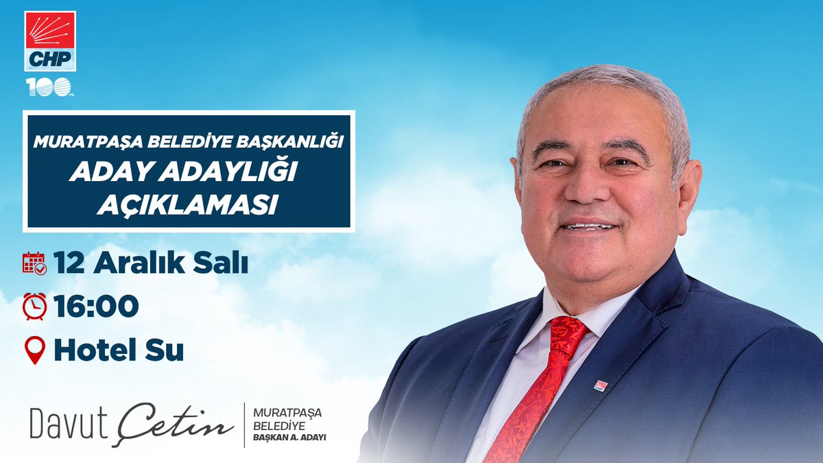 Yeni bir yol,
Yeni bir heyecan,
Yeni bir #Muratpaşa hedefimizle geçmişi koruyan, geleceği yenilikçi bir bakışla inşa eden Muratpaşa Belediye Başkanlığına aday adaylığı tanıtım toplantımıza tüm kıymetli halkımızı davet ediyorum.
#Antalya