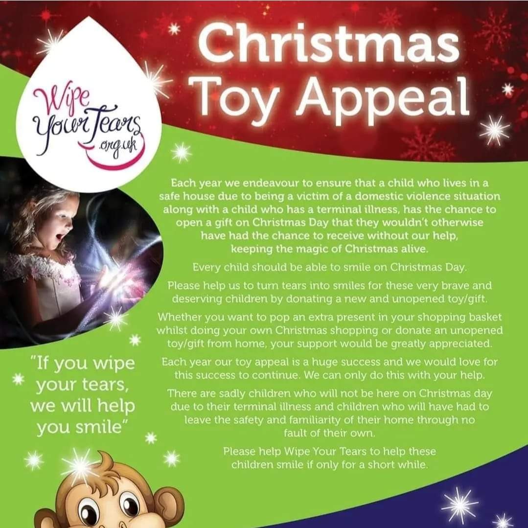 Cut off date for <a href="/WYTcharity/">Wipe Your Tears</a> Christmas Toy Appeal is next Monday 11th..we will be working with our Refuge partners etc, to get all your donations delivered for those that would otherwise be without. Thank You for all your gifts once again♥️