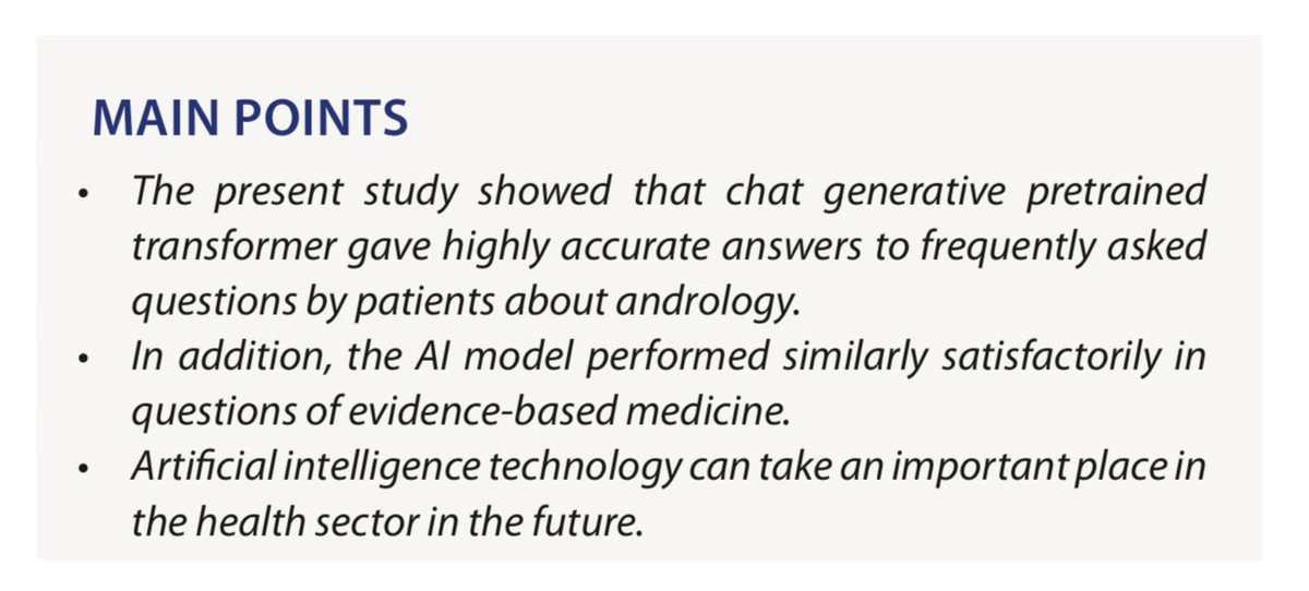 TurkJUrol's tweet photo. Assessing the Performance of Chat Generative Pretrained Transformer (ChatGPT) in Answering Andrology-Related Questions
Ufuk Caglar et al.
@OrtacMazhar
#andrology #artificialintelligence #informationsources #ChatGPT #UroSoMe #ÜroSoMe
Article Link :
https://t.co/QiYbC8gzx6 https://t.co/IlwgVwMQBY