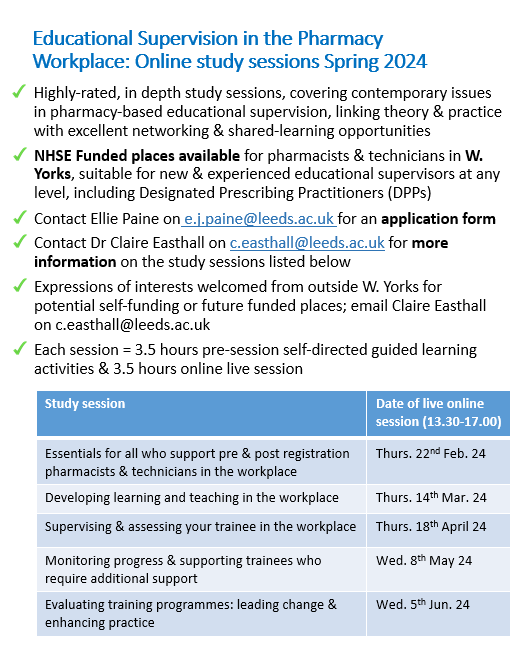 Calling all pharmacy educational supervisors! 👩🏻‍🏫🎤. We're back for Spring 24, offering NHSE funded places in West Yorks for our highly-rated <a href="/LeedsHealthcare/">School of Healthcare</a> Educational Supervisor study sessions. Spread the word &amp; get in touch for more info, let's get those trainers trained 👍