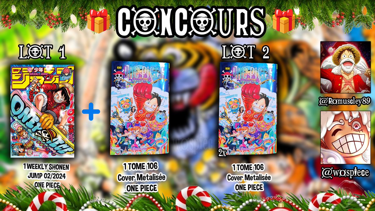 CONCOURS ONE PIECE 💥

On est en Décembre non, épisode 1  ? 👀 (3 gagnants)

Pour participer :  
- RT + FAV ce tweet   ❤️
- Follow : <a href="/WosPiece/">WOS ☀️</a> et <a href="/Romuscley89/">Romuscley</a>
- Mentionne 2 amis 🚨

T.A.S le 14 Octobre 🚫🎮

 #ONEPIECE