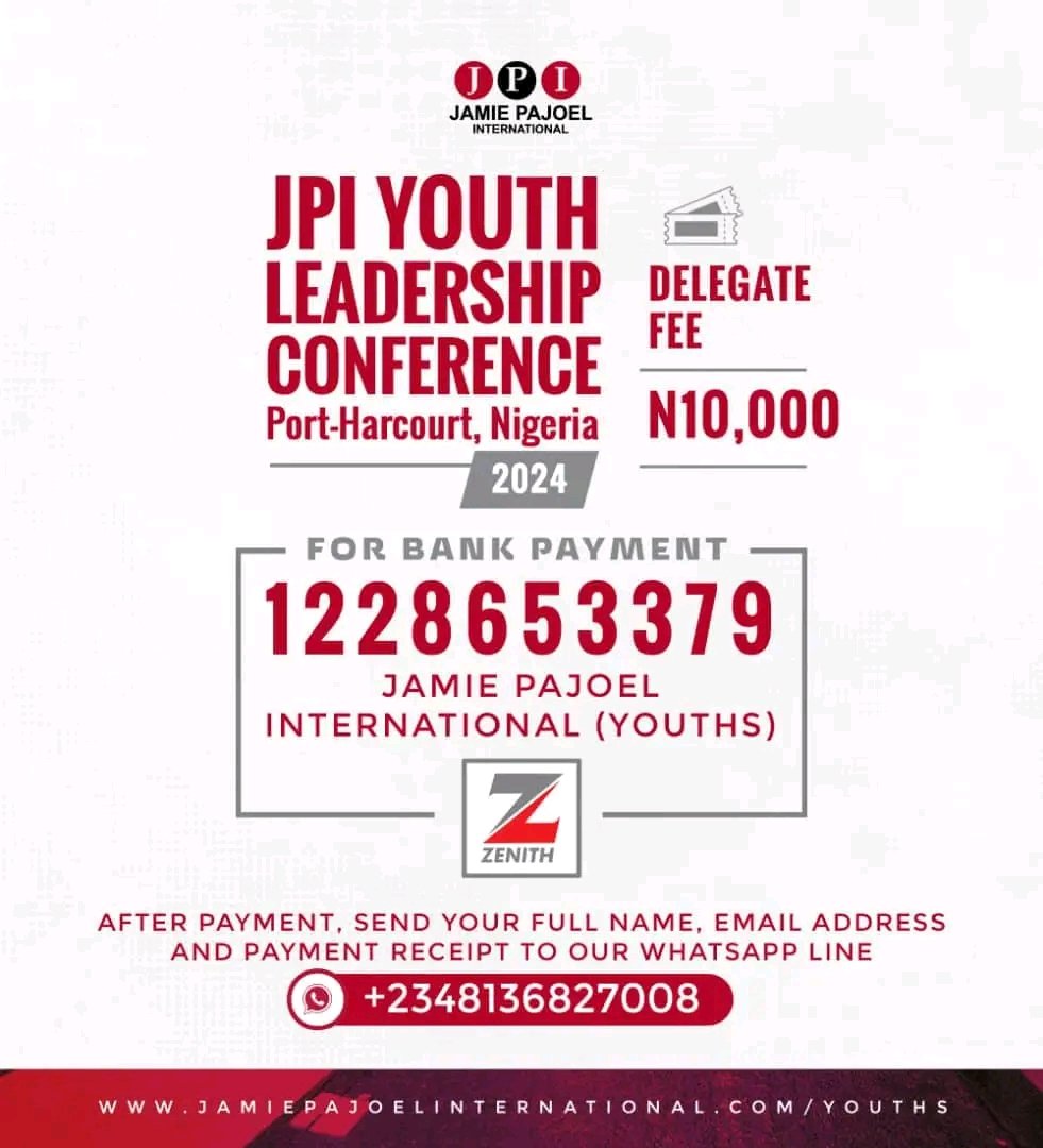DToothist's tweet image. What is a Leader without a transformed and equipped mind?

Join over 3000 youth from different parts of the world 🌎, converging at Port-Harcourt, Nigeria for the JPI YOUTH LEADERSHIP CONFERENCE on the 23rd of March 2024.  Details on the flier. #jamiepajoeluniversity @jpunigeria