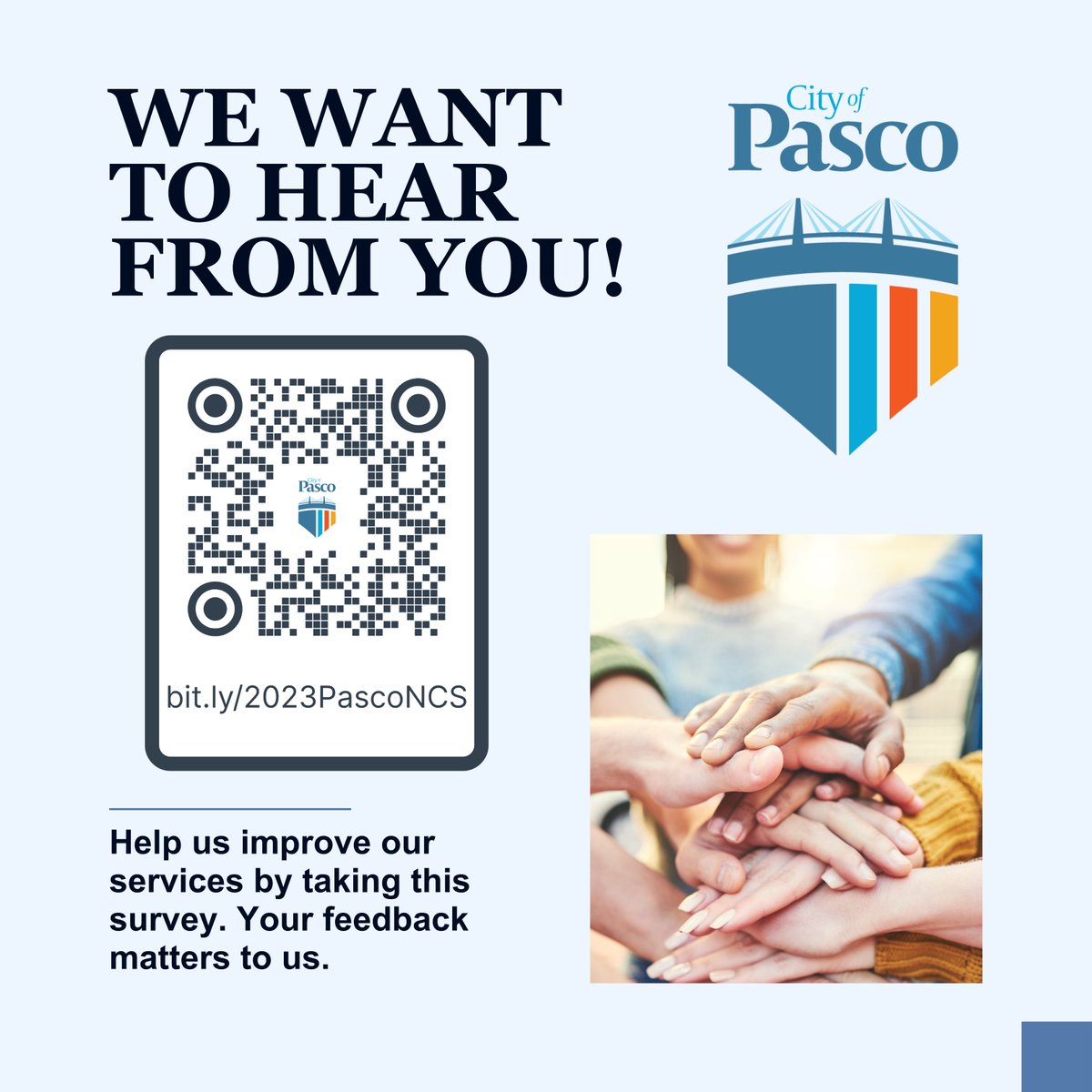 📢 Pasco residents! Have your say in our city's future. Take the 2023 National Community Survey 
➡️ bit.ly/2023PascoNCS. Covering everything from economy to inclusivity, your input is crucial. 🌳🚗🎨
Open until Dec 31, in English &amp; Spanish!
#PascoProud #CommunitySurvey2023