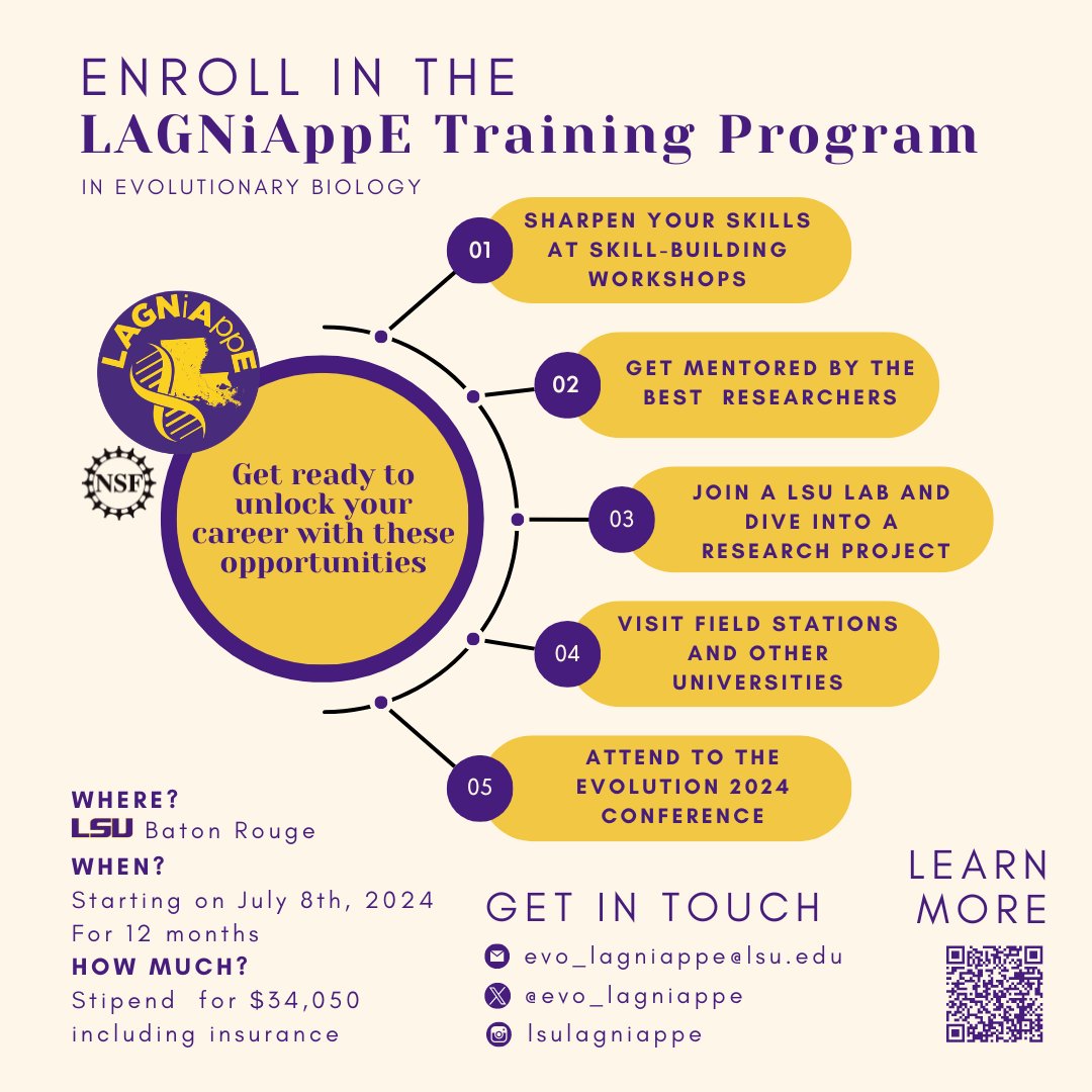 🌟 Calling recent grads or about to graduate! Passionate about Evolution? Join <a href="/LSU/">LSU</a>'s Louisiana Graduate Network in Applied Evolution! Paid research program @lsubiosci 🔬 Gain hands-on experience, enhance your STEM career! Apply by March 3, 2024! 📅 Info: shorturl.at/gLNOP