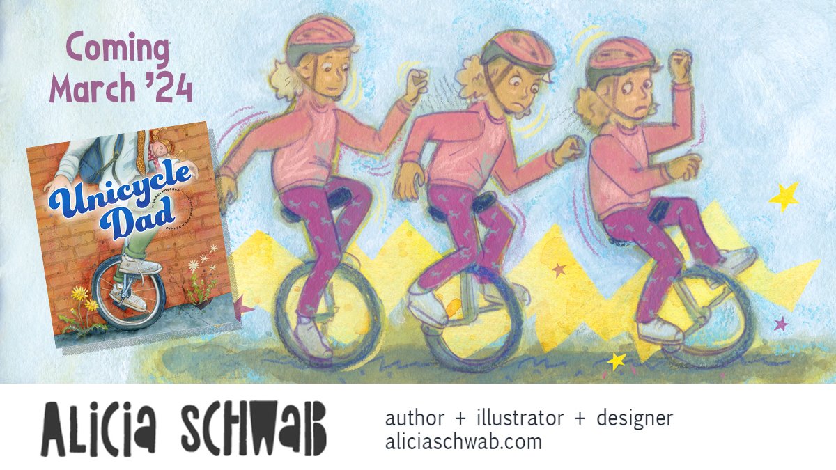 Riding in on #kidlitartpostcard day. My new book #UnicycleDad by @HovorkaSarah is coming soon! @amicuspub My name is Alicia, and I’m a #kidlitillustrator looking for work & new representation in #picturebooks, board books, book covers, and magazine jobs!  linktr.ee/AliciaSchwab