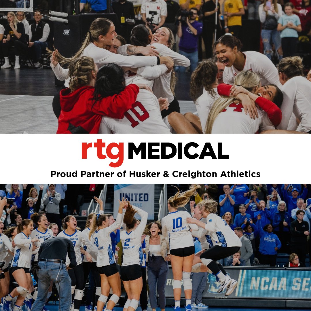 🏐 RTG is digging the excitement as the Nebraska Huskers and Creighton Bluejays volleyball teams spike their way into the Sweet 16! 🌽🔵 #HuskerVB #CreightonVB #Sweet16 #RTGMedicalProudPartner"