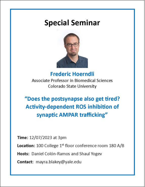 Join us today for special seminar by Frederic Hoerndli of @ColoradoStateU! 🙌The topic is...: “Does the postsynapse also get tired? Activity-dependent ROS inhibition of synaptic AMPAR trafficking.” Thank you @dacolon and @LabYogev for organizing and hosting!