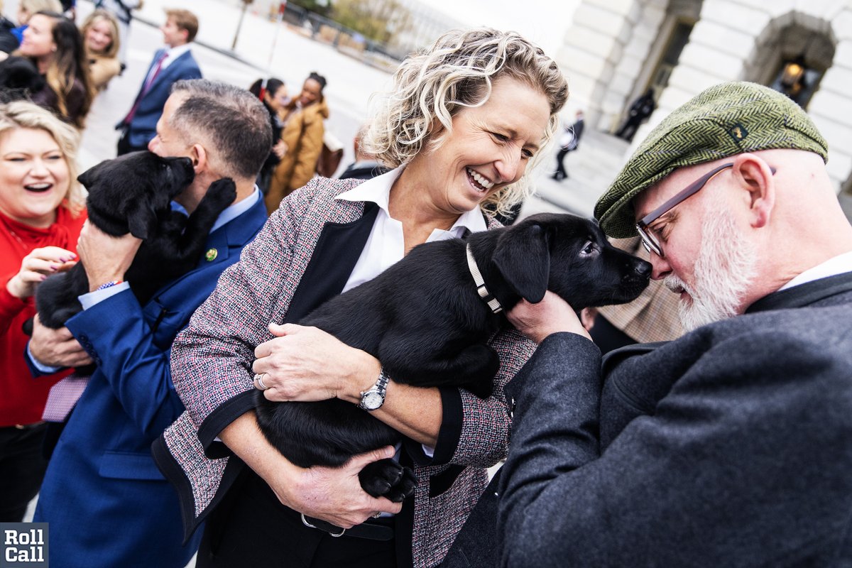 .@derrickvanorden @RepJenKiggans @marcmolinaro @Kat_Cammack hold black labrador police puppies in training from American K-9 Interdiction at the House steps on Dec. 7, 2023. The dogs are trained in Kiggans’ district in Carrsville, Va.