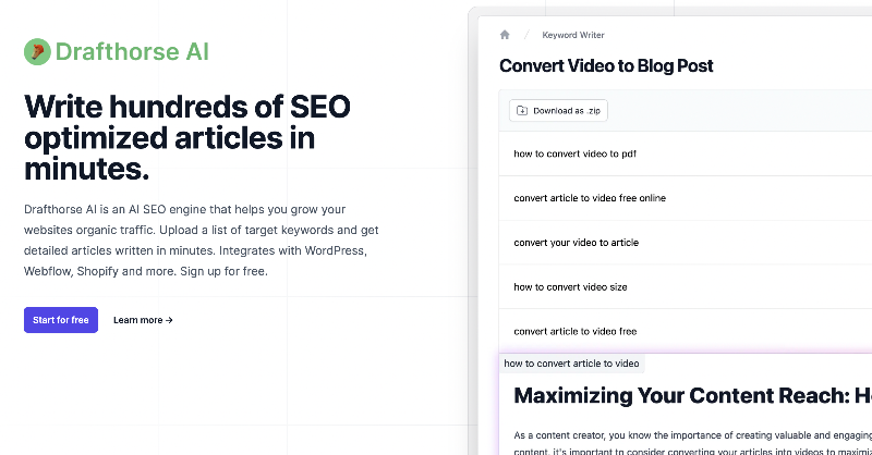 drafthorseai's tweet photo. this ai tool writes hundreds of seo articles in minutes and its free to sign up