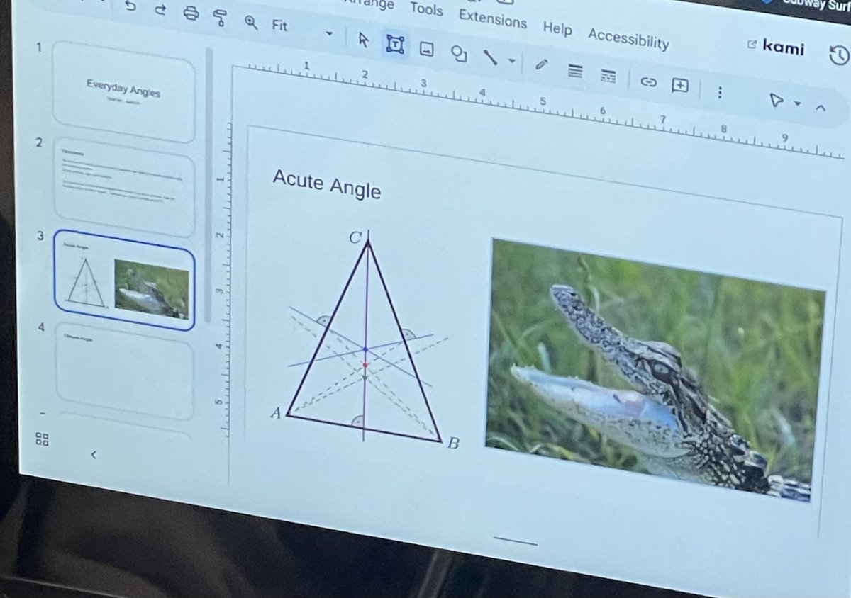 DDemosiuk's tweet image. Mrs. Whittaker’s class is moving to learn their angles. Then, they created PPT defining the angles and finding real world examples. @PPS_CPI #ppsshines #bridgetosuccessmp #mathmovement #realworldgeometry