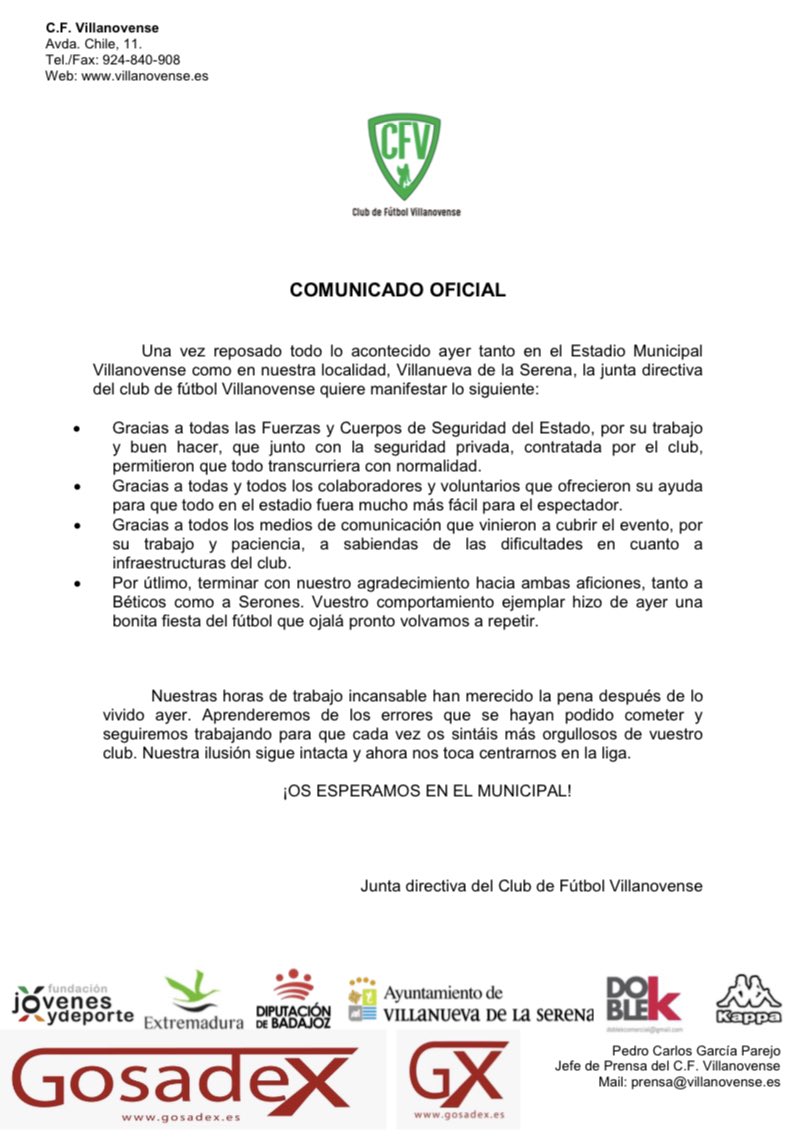 📣Comunicado oficial: Post Betis. #avantivillano #villanovensebetis