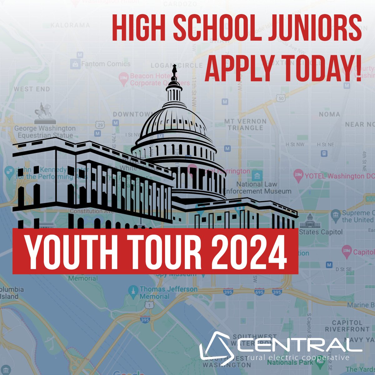 📚📝🏛 YOUTH TOUR APPLICATIONS ARE OPEN 📚📝🏛

Central Rural Electric Cooperative is currently accepting applications for the 2023 Youth Tour contest. To learn more about Youth Tour and the application process please visit mycentral.coop/youthtour