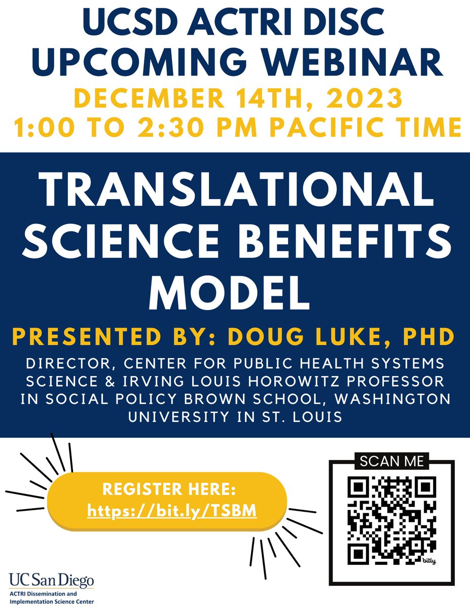 UC San Diego ACTRI D&I Science Center (@impsciucsd) on Twitter photo 👏🎉We are thrilled to announce a special webinar we will be hosting on Dec 14th from 1-2:30 pm PT!
Hear from <a href="/daluke1/">Douglas Luke</a> on the Translational Science Benefits Model with a discussion to follow!
👉Register here: bit.ly/TSBM
#ImpSci #TranslationalScience #CTSA 👏🎉We are thrilled to announce a special webinar we will be hosting on Dec 14th from 1-2:30 pm PT!
Hear from <a href="/daluke1/">Douglas Luke</a> on the Translational Science Benefits Model with a discussion to follow!
👉Register here: bit.ly/TSBM
#ImpSci #TranslationalScience #CTSA