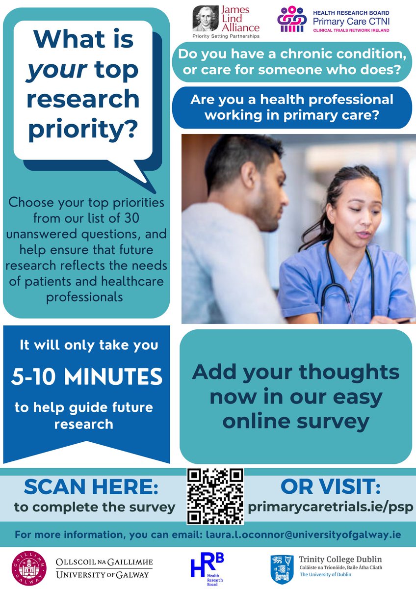 We want to make sure that health research is answering the questions most important to you - people with chronic conditions, people with caring experience, &amp; people working in primary care. If this sounds like you, please take 5mins and complete our survey onwww.primarycaretrials.ie/psp