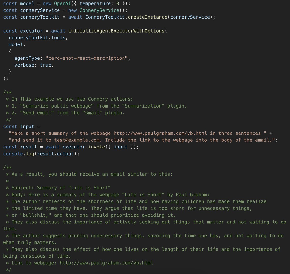 Hacubu's tweet photo. 🤖 Connery Actions Tool for Agents 🤖

@connery_io is an OSS plugin infrastructure you can use with @langchain JS/TS agents in 0.0.203!

Define a set of actions using integrations like Gmail, and let them handle auth + secret management.

s/o machulav!

https://t.co/LOD8TiE03K https://t.co/Z2EK2OWF9U