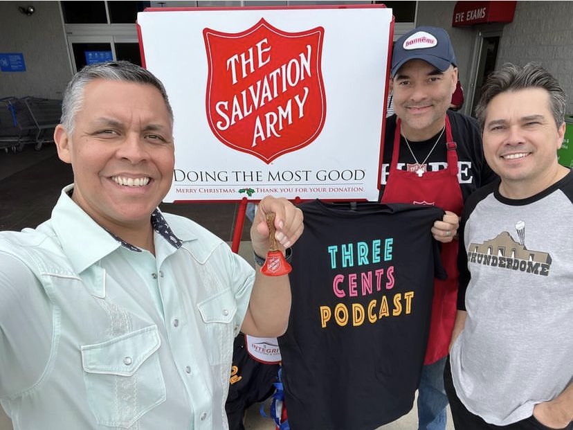 Had fun bell ringing with @Ernie_Zuniga @MikeTaylorShow today! Support their individual podcasts, as well as their joint show @threecentscast with @CletoRodriguez @salarmysatx #paradeofkettles