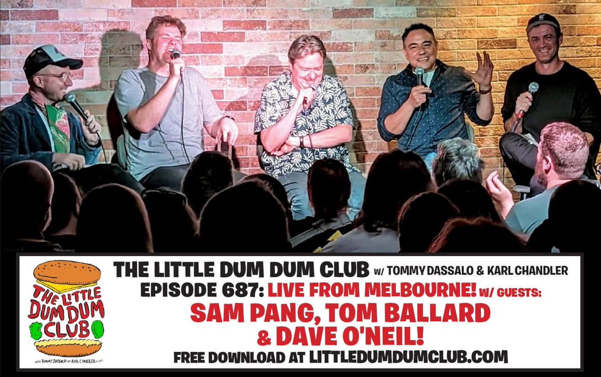 NEW, FREE, FUNNY <a href="/DumDumClub/">Little Dum Dum Club</a> ep, LIVE in Melbourne, w/ guests <a href="/mrSAMPANG/">Sam Pang</a>, <a href="/TomCBallard/">Tom Ballard</a> &amp; <a href="/itsDaveONeil/">Dave O'Neil</a>!
We’re in the Daily Mail, Sam is in New Idea, O'Neil has a controversial chicken shop trip w/ Pang and Dassalo has a do-over with his painting.
DOWNLOAD: littledumdumclub.com/node/657