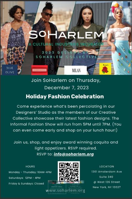 Join SOH designers and artisans this evening for a bit of holiday cheer from 5pm - 7pm! #WestHarlem @SoHarlemInc