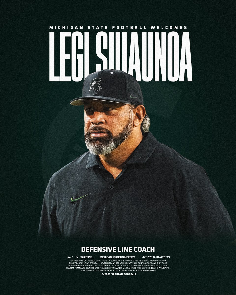 Welcome to East Lansing, @LegiSuiaunoa! Coach Suiaunoa joins the Spartans after six seasons with Oregon State as Defensive Line Coach. Oregon State's defensive line ranked 9th in the FBS this season with 36.0 sacks under Coach Suiaunoa's tutelage. #GoGreen