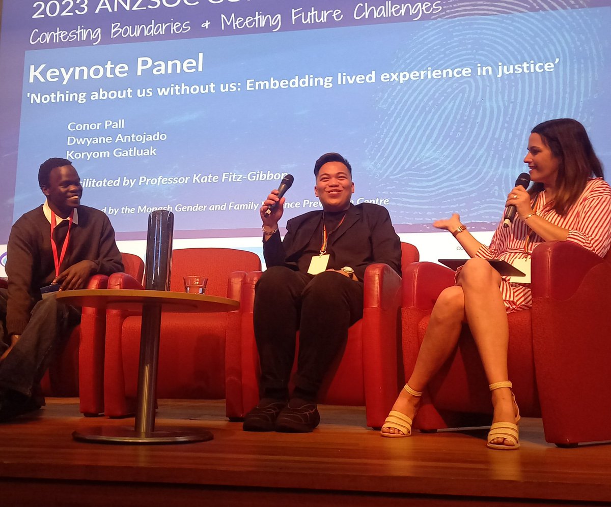 This morning's excellent @anzsoc keynote panel 'Nothing about us without us: Embedding lived experience in justice'. Thank you @Kate_FitzGibbon @dwayne_antojado & Koryom Gatluak.