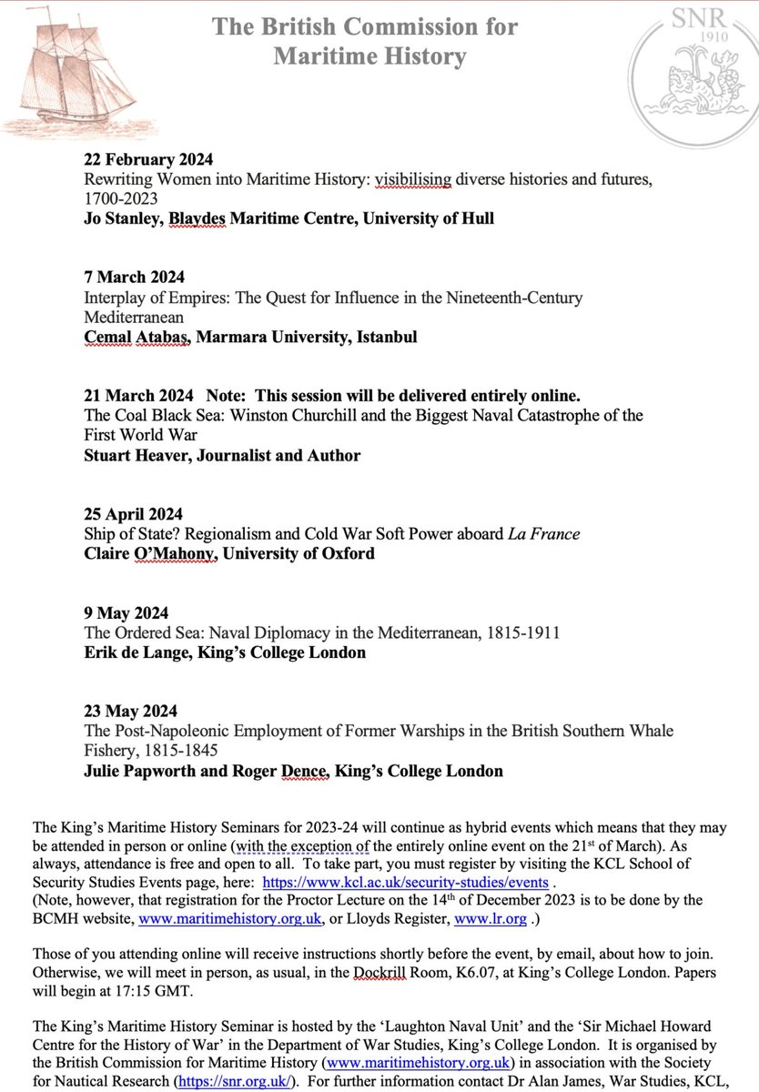 The 2023-2024 #maritimeseminar series continues on 11 January 2024. Attached is a list of upcoming papers. Events are normally listed on the War Studies events page: kcl.ac.uk/warstudies/eve…