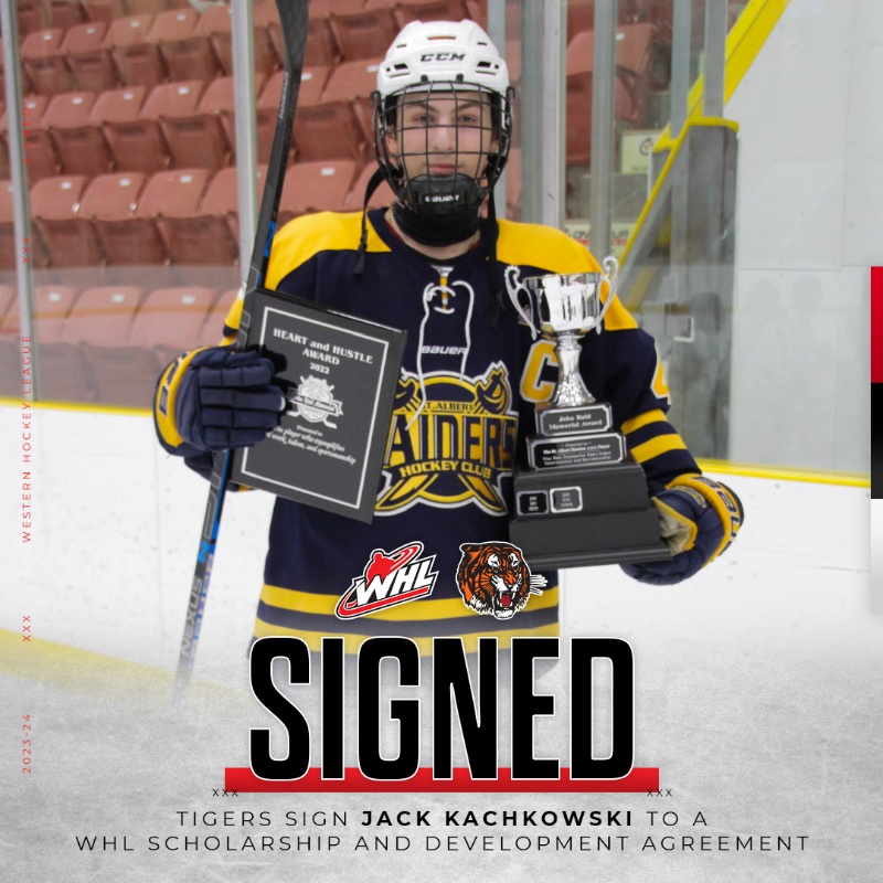 TheWHL's tweet photo. The @tigershockey have signed 2007-born defenceman Jack Kachkowski to a WHL Scholarship and Development Agreement!

Kachkowski was selected in the fifth round of the 2022 WHL Prospects Draft.