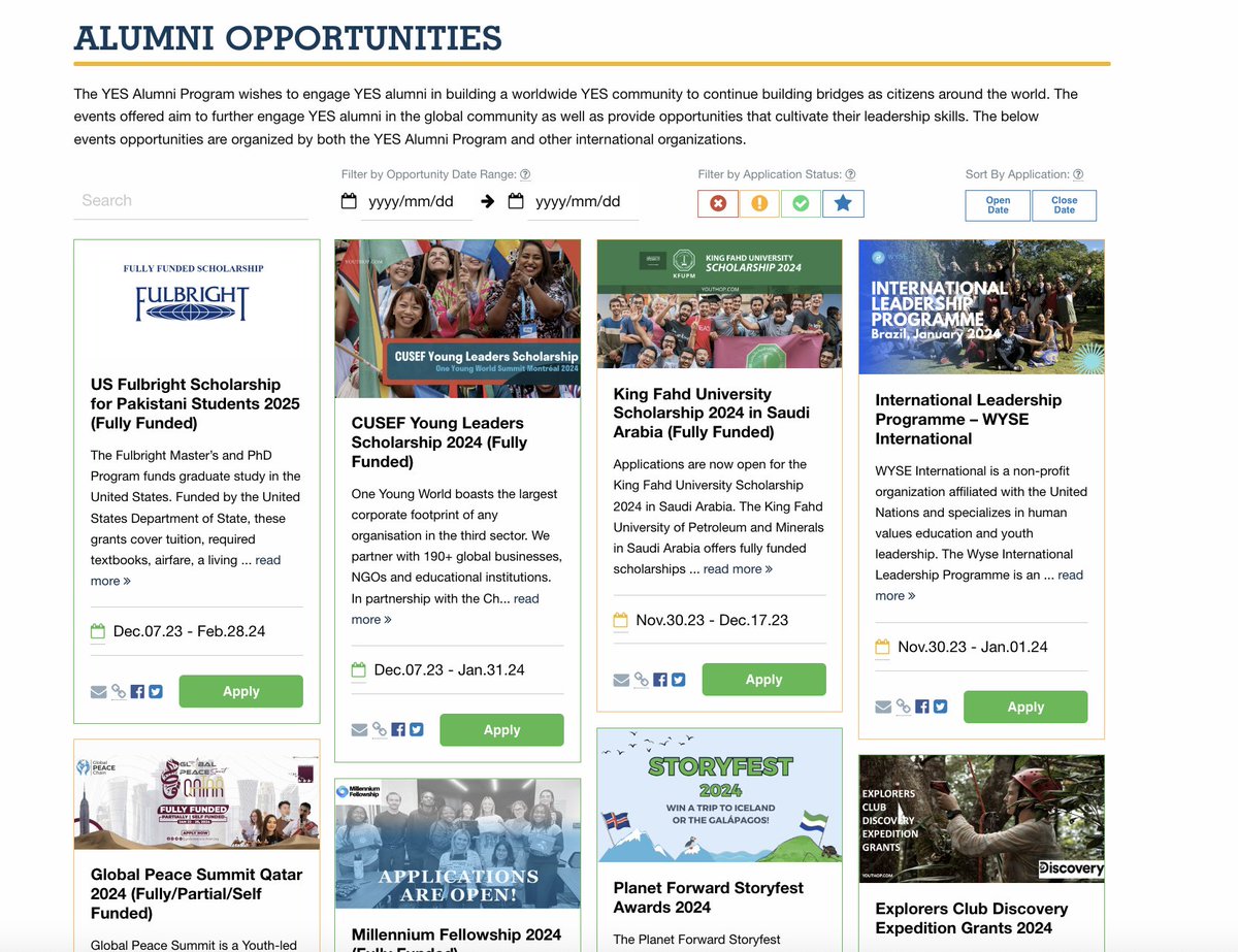YES Alumni always remember to check out our Alumni Opportunities page that is updated weekly with new opportunities such as the U.S. Fulbright Scholarship for Pakistani Students 2025 and the CUSEF Young Leaders Scholarship 2024! Visit yesprograms.org/alumni/opportu… for more information.
