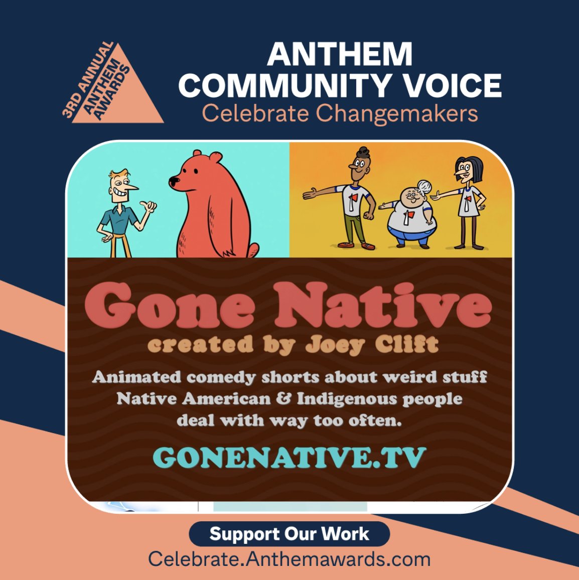 Hey Friends!
If you have a sec and want to help me out, Gone Native is nominated for a Community Voice award for the @anthemawards. It's an audience award and winning stuff like this helps me get funding for more shorts! Please RT / vote if you can. 
Link to vote in the replies!