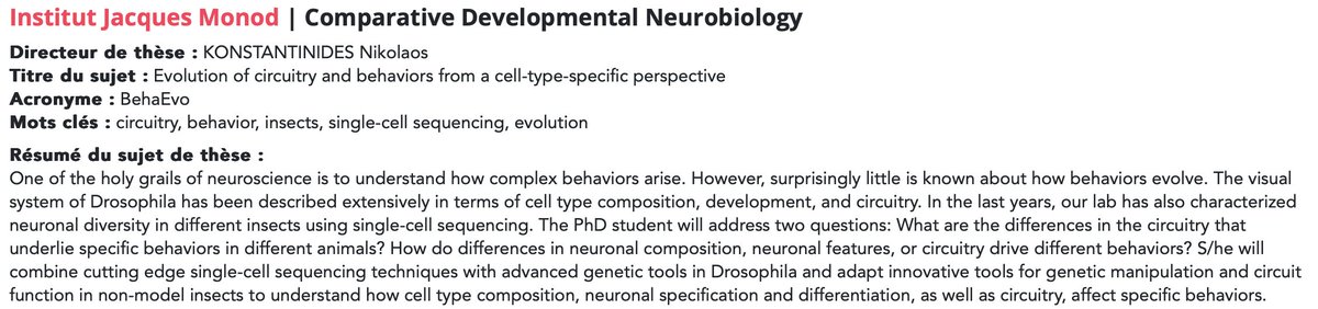 If you are finishing your Neuro MSc outside of France, consider applying to the @CBRAINS_IdF International PhD program. Many cool projects, including one from our lab @IJMonod to study the evolution of neuronal circuits from a cell type perspective. dim-cbrains.fr/fr/phd-program…