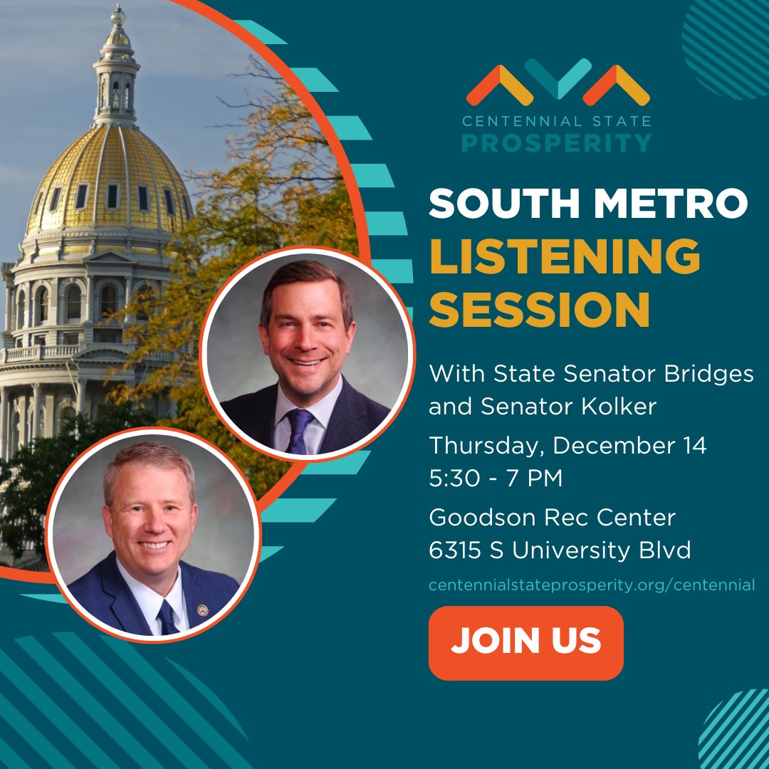We’re teaming up with @JeffBridges and @SenatorKolker to hear your perspective on the issues facing the South Metro area and our state. Meet us next Thursday 12/14 from 5:30 - 7:00 pm at the Goodson Rec Center. RSVP now at centennialstateprosperity.org/centennial