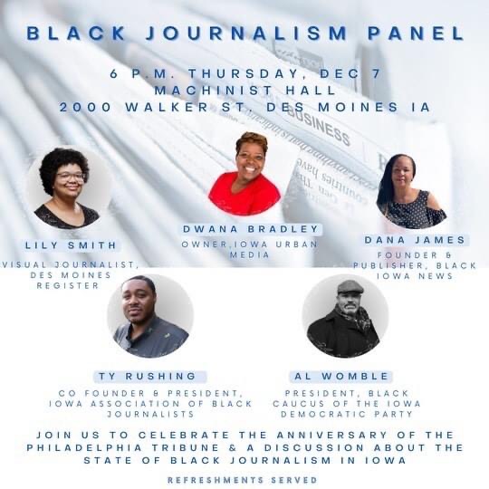 I'm participating in a roundtable on Black Journalism in Iowa at 6 p.m. today at the Machinist Hall in Des Moines.

@blackiowanews and <a href="/lilyas53/">Lily Smith</a> will also be there sharing their expertise!