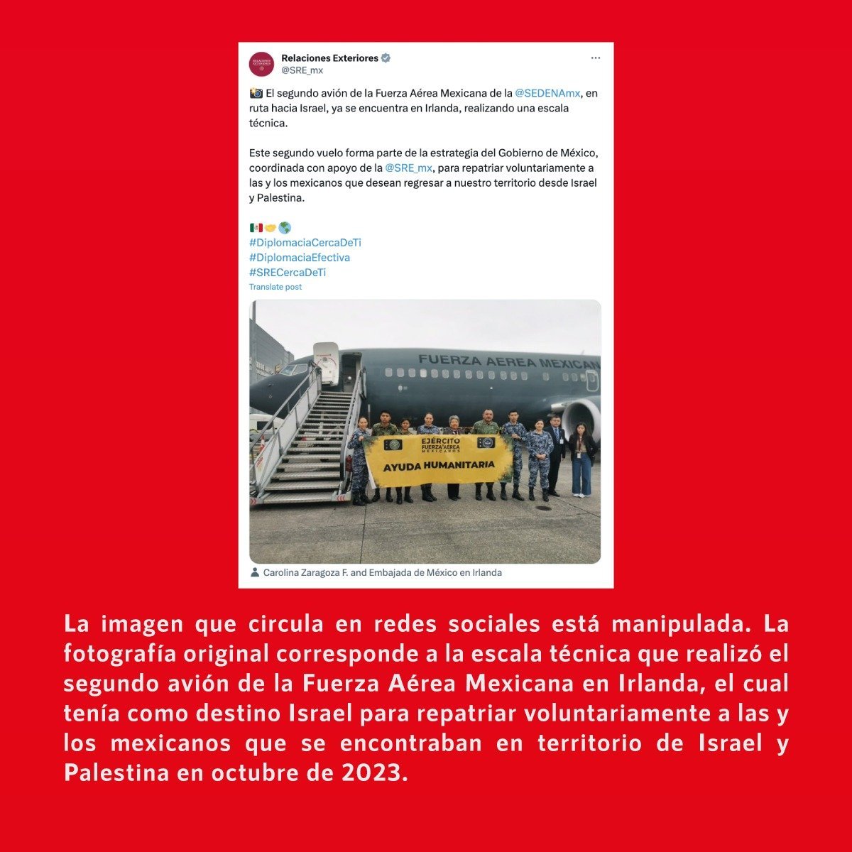 infodemiaMex's tweet photo. ❌Falsa fotografía de elementos del #EjércitoMexicano sosteniendo una lona con la frase “Xóchitl Va”

✅La fotografía que circula en redes sociales fue manipulada, la original corresponde a la escala de un avión de la #FuerzaAéreaMexicana en #Irlanda

➡https://t.co/28v05l7OMJ https://t.co/O4R4bzKhW7