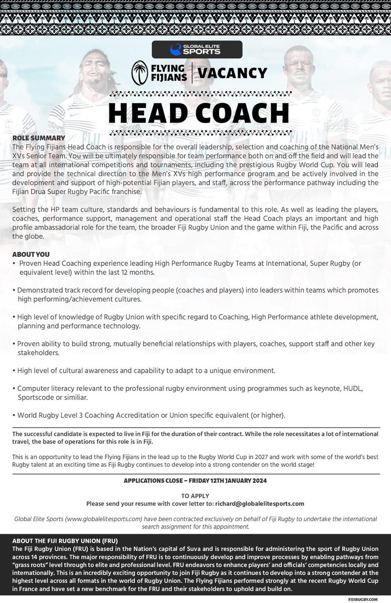 VACANCY ‼️ Flying Fijians – Men’s Head Coach. APPLY HERE➡️ bit.ly/3TgswQf #duavataveilomanirakavi