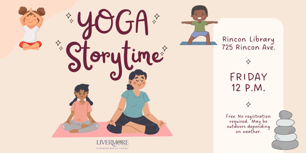 📖 🕉 🎶 Did you know we have #YogaStorytime? It's a yoga practice w/ stories, songs, movement &amp; fun for little ones. The free sessions are on Fridays at #RinconLibrary at 12pm. Call 925-373-5540 for more info.
📅 Fridays
⏰ 12 pm
📍 725 Rincon Ave., #Livermore, CA
#YogaForKids