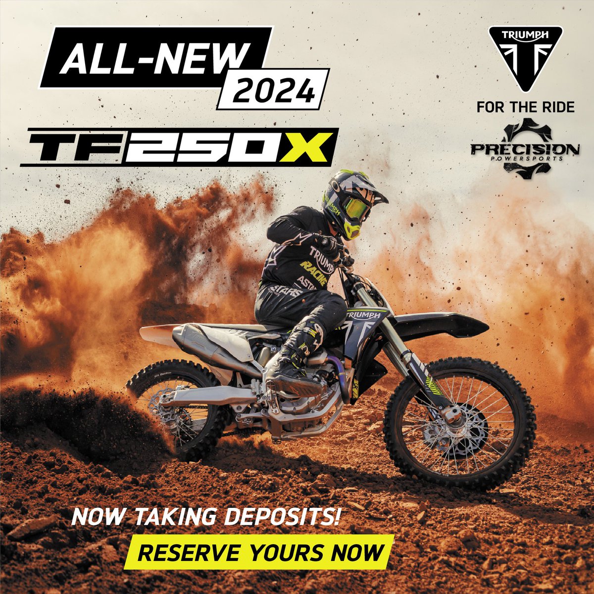 The ALL-NEW TF 250-X. The perfect balance of performance, agility, and mass.

Taking deposits now!

#ForTheRide #TriumphMotorcycles #TriumphMotocross #TF250X #TriumphTF250X