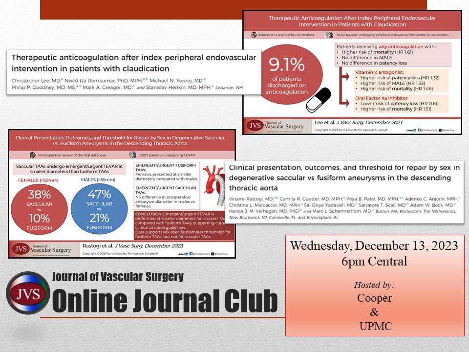 Wednesday December 13 at 6pm CENTRAL

Registration link:
us02web.zoom.us/meeting/regist…

Hosted by:
Cooper
UPMC

Articles:
doi.org/10.1016/j.jvs.…
doi.org/10.1016/j.jvs.…