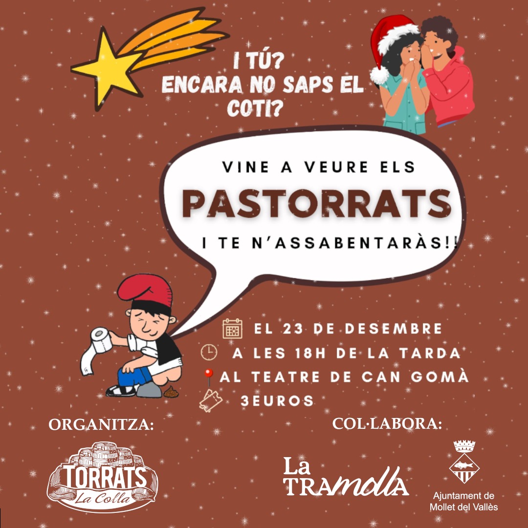 Família 🤎! 
S'apropa Nadal i la Colla dels Torrats torna a fer passtorrats🐑
Apunteu aquest dia al calendari 🗓️ 23 de desembre 🫶🏽
Es farà al teatre Can Gomà a les 18h ⏱️
No falteu!!! 👩🏻‍🤝‍👨🏾
